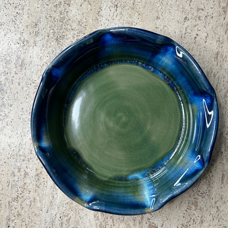 Ready to ship Pottery Pie Dish 9 Hand thrown Green & Blue Ceramic Baking Dish Bake your best pies in this pie plate. image 6