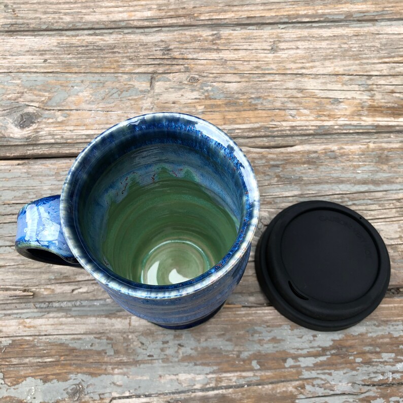 Pottery Travel Mug Blue Ceramic Togo Cup With Lid & Handle Etsy