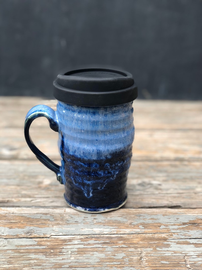 Pottery Travel Mug Blue Ceramic Togo Cup With Lid & Handle Etsy
