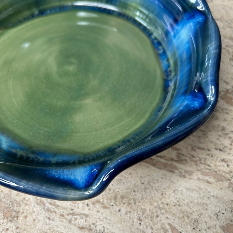 Ready to ship Pottery Pie Dish 9 Hand thrown Green & Blue Ceramic Baking Dish Bake your best pies in this pie plate. image 3