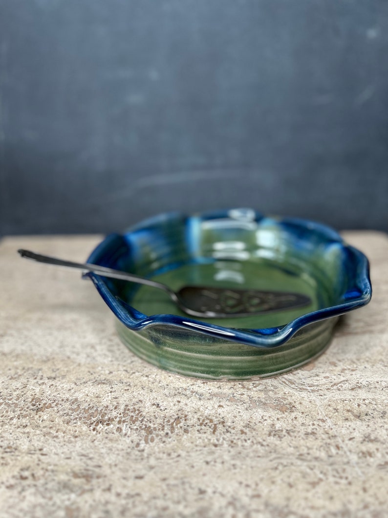 Ready to ship Pottery Pie Dish 9 Hand thrown Green & Blue Ceramic Baking Dish Bake your best pies in this pie plate. image 1