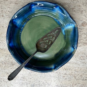 Ready to ship Pottery Pie Dish 9 Hand thrown Green & Blue Ceramic Baking Dish Bake your best pies in this pie plate. image 5