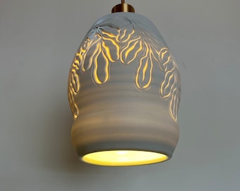 8.5" Erica Davidson Hand Carved Porcelain Pendant Light, Hand thrown unique ceramic pendant, pottery artisan lighting, hanging clay lamp
