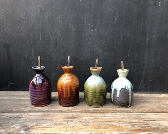 Made to order: Oil bottle, different colors, hand thrown ceramic pottery easy to fill oil cruet; good for soy sauce, maple syrup, vinegar