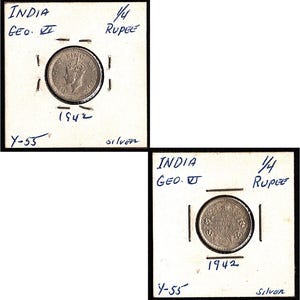 1942 British Colonial INDIA 1/4 Rupee COIN ~ George VI King Emporer ~ 2.91 Grams .500 Silver from Estate Collection