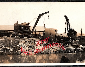 Antique RAILROAD Derailment Disaster ~ Steam Locomotive and Two Steam Wrecker Cranes ~ Work Train Recovery ~ Unknown Railroad