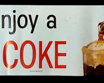 You'll enjoy a FLOAT with Coke ~ Drink COCA-COLA with Ice Cream Soda Fountain Drug Store Advertising Banner Lithographed Poster Sign