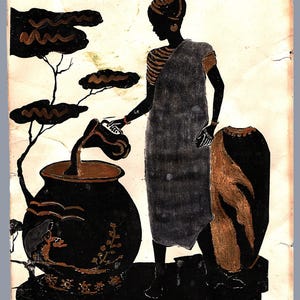 May include: A black and gold silhouette illustration on a light background depicting a figure pouring liquid from a small pitcher into a large, round vessel. The figure wears a draped garment with striped sleeves and gold accents, standing near a tree.