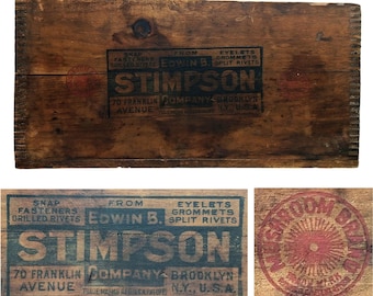 EDWIN B. STIMPSON Co. BROOKLYN, New York Advertising ~  Dovetail Wood Box Shipping Crate for Hardware ~ Mushroom Brand Eyelets