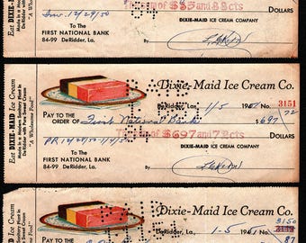 Lot of 3 > DIXIE MAID Ice Cream Co. of DeRIDDER, LOUISIANA Bank Checks ~ 1940s Era ~ First National Bank ~ Plate of Neopolitan Ice Cream
