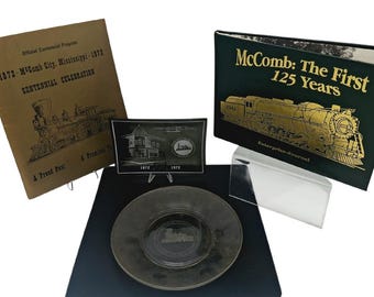 1872-1972 McCOMB, MISSISSIPPI CENTENNIAL MEMORABILIA ~ Hardbound Book ~ Special Newspaper ~ Black Glass Tray & Plate with Railroad Train