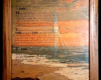 FOOTPRINTS in the SAND by REVERAND James C. Rollins ~ Vintage Woodburned Pyrography Art ~ Hand Burned Wood Panel ~ Large Format Framed