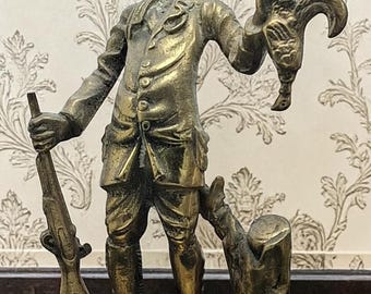 GAME BIRD HUNTER with Rifle ~ English Cast Brass 7.5" Tall Statue ~ Sportsman Brimmed Hat, Long Coat, Knee Breeches & Boots with Long Gun