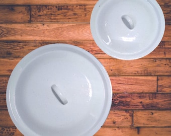 Pair WHITE ENAMELWARE Pot LIDS ~ 9 & 12" Sizes ~ Black Trim ~ Domed Tops with Loop Finials ~ Remarkably Well Preserved Condition