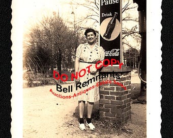 Drink COCA-COLA Pause 1940s ADVERTISING Sign Lady Posed at Country Store with Gas Station Pump Vintage Photograph Snapshot Rural Mississippi