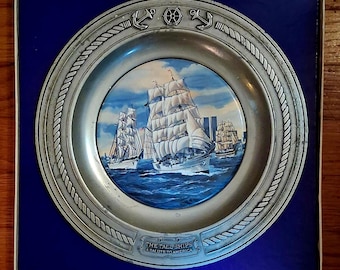 1976 DANBURY MINT Tall  Ships Bicentennial Porcelain Plate in Pewter Frame ~ Salute to America, Ships Arriving in New York Harbor