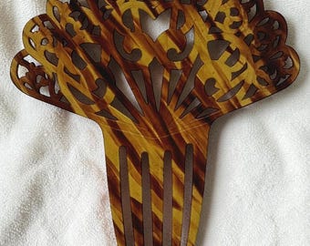 Antique FAUX TORTOISE SHELL Hair Comb ~ Large 6.5 x 5.5 Pierced & Scalloped ~ Vanity Beauty Parlor Hair Style Updo Chignon Swept Fashion