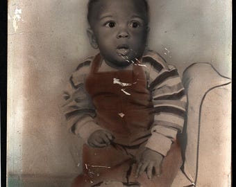 Circa 1900 AFRICAN AMERICAN Boy CHILD Crayon Enlargement Portrait Photograph Hand Colored Charcoal Pastel Art Mississippi Estate Heritage