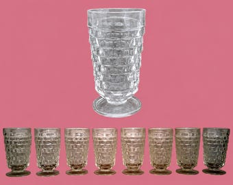 8 > INDIANA GLASS COLONY Whitehall Cubist Clear Footed Tumblers Iced Tea Glasses ~ Mid-Century Retro Kitchen Dining Room Table Setting