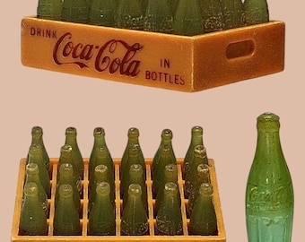 Vintage Miniature COCA-COLA ADVERTISING Yellow Case with 24 Green Bottles
