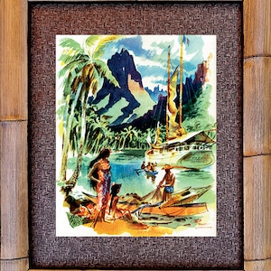 May include: A framed watercolor painting depicting a tropical island scene with lush green foliage, a sailboat, and people in outrigger canoes. The painting features a vibrant blue sky and turquoise water.