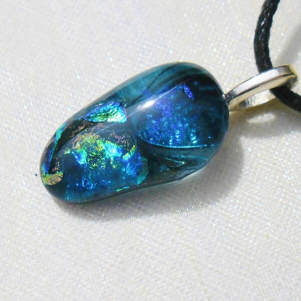 Glass jewellery pendant necklace, stunning ocean blue, fused dichroic glass, silver plated, waxed cord thread. CM52