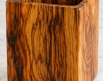 Olive Wood Utensil Holder - Handmade Wooden Utensil Crock - Kitchen Counter Organizer - Housewarming Gift