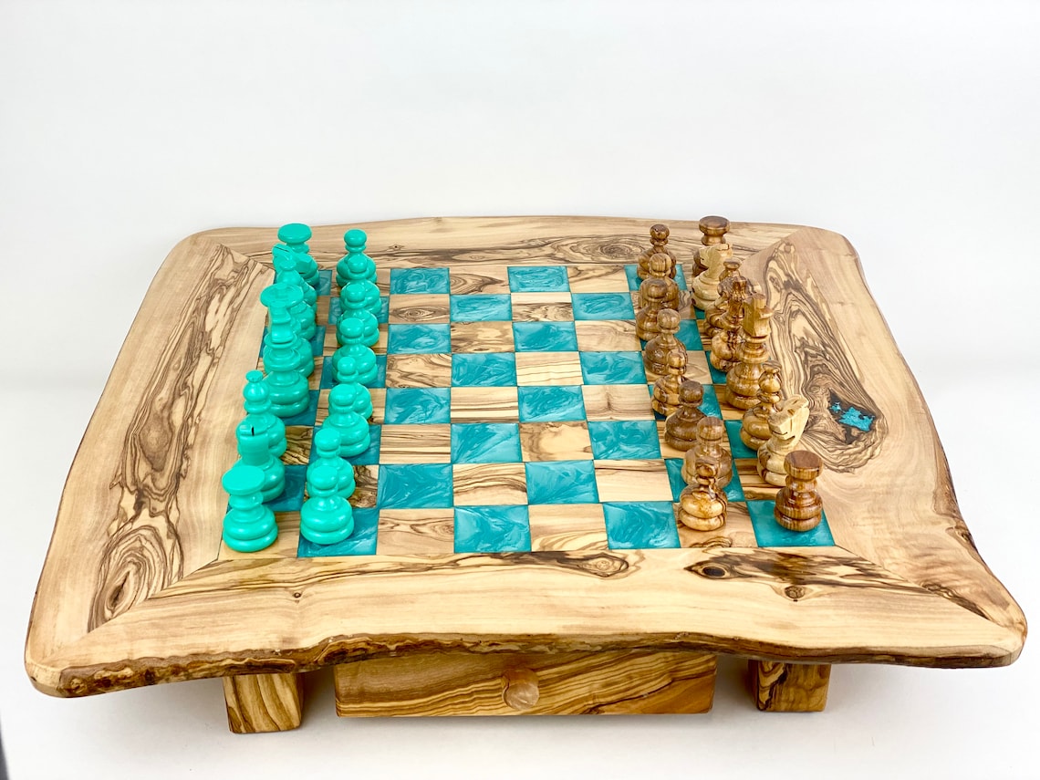 Olive Wood Resin Chess Board Etsy