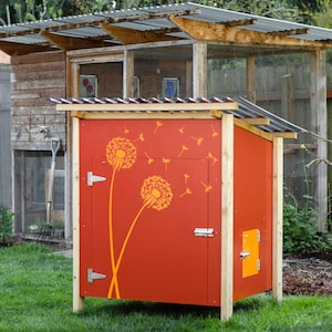 May include: A red chicken coop with a yellow door and a dandelion stencil design. The coop has a wooden frame and a metal roof.