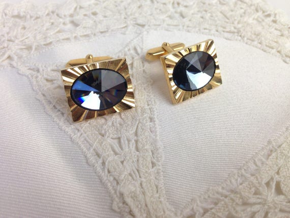 Kitsch Cuff Links / Golden toned, Grey rhinestone… - image 3