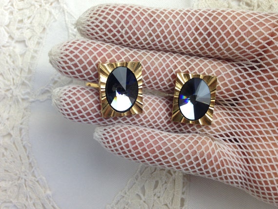 Kitsch Cuff Links / Golden toned, Grey rhinestone… - image 1