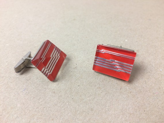 Red retro cufflinks rectangular in gold and silver tone metal soviet accessories men