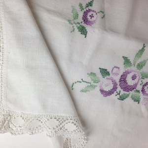 Embroidered Tablecloth 55&quot; x 50&quot; / Hand made Lace borders / Hand cross stitched / Vintage Sweden