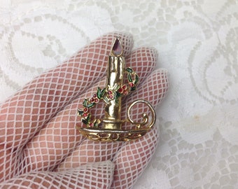 Vintage Christmas Brooch / Golden toned , Enamel / Candle