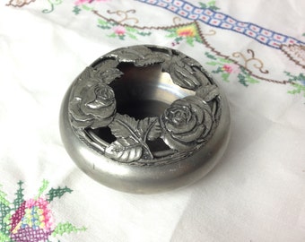 Pewter trinket box with ornate rose lid / Vintage Germany