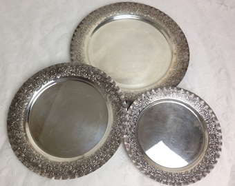 Set of 3 Silver plated Trays / Beautiful ornate and ruffled edges / Antique Sweden