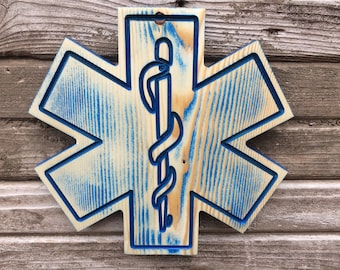 Rustic Blue Star Of Life Wall Hanging - EMS Star of Life - Paramedic Gift - First Responders - Fire and Rescue - Wood Star of Life Wall Art