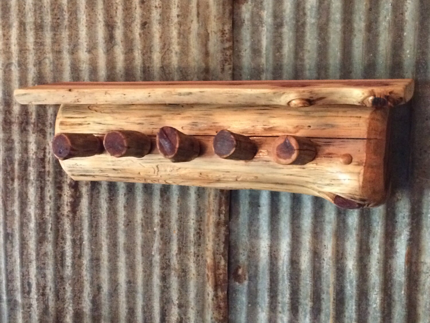 Rustic 5 Peg Log Coat Rack with Small Shelf Etsy