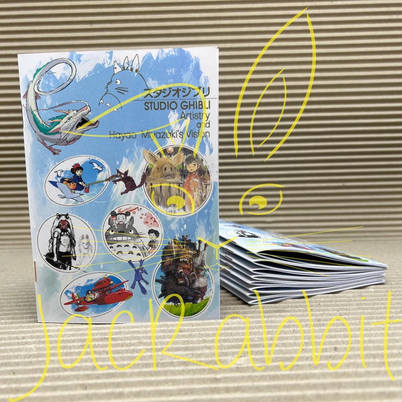Peut inclure: Une pile de livres d'art Studio Ghibli avec des illustrations des films de Hayao Miyazaki. La couverture est bleu clair avec diverses illustrations de personnages et du texte japonais. Le livre est sur un fond ray&eacute;.