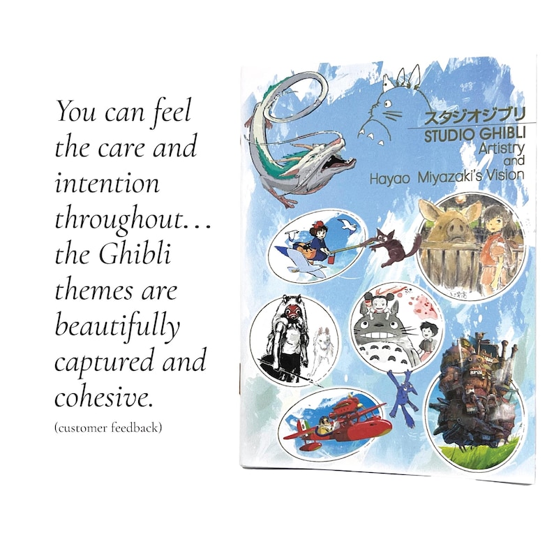 Peut inclure: Une illustration color&eacute;e avec des personnages de films du Studio Ghibli, dont un dragon et Totoro. Le texte indique "STUDIO GHIBLI Artistry and Hayao Miyazaki's Vision" et des commentaires de clients.