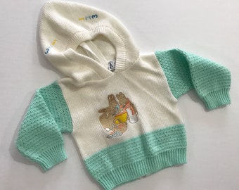 Beatrix Potter Baby Kids Sweater Size 6 Months Acrylic 123 Baby Bunnies Rabbits White and Aqua Blue Children