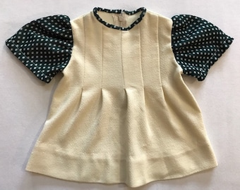 Vintage Handmade Dress for Baby Girls Toddlers Kids 70s 80s Retro Cute Shirt Top Creme Green Polka Dot