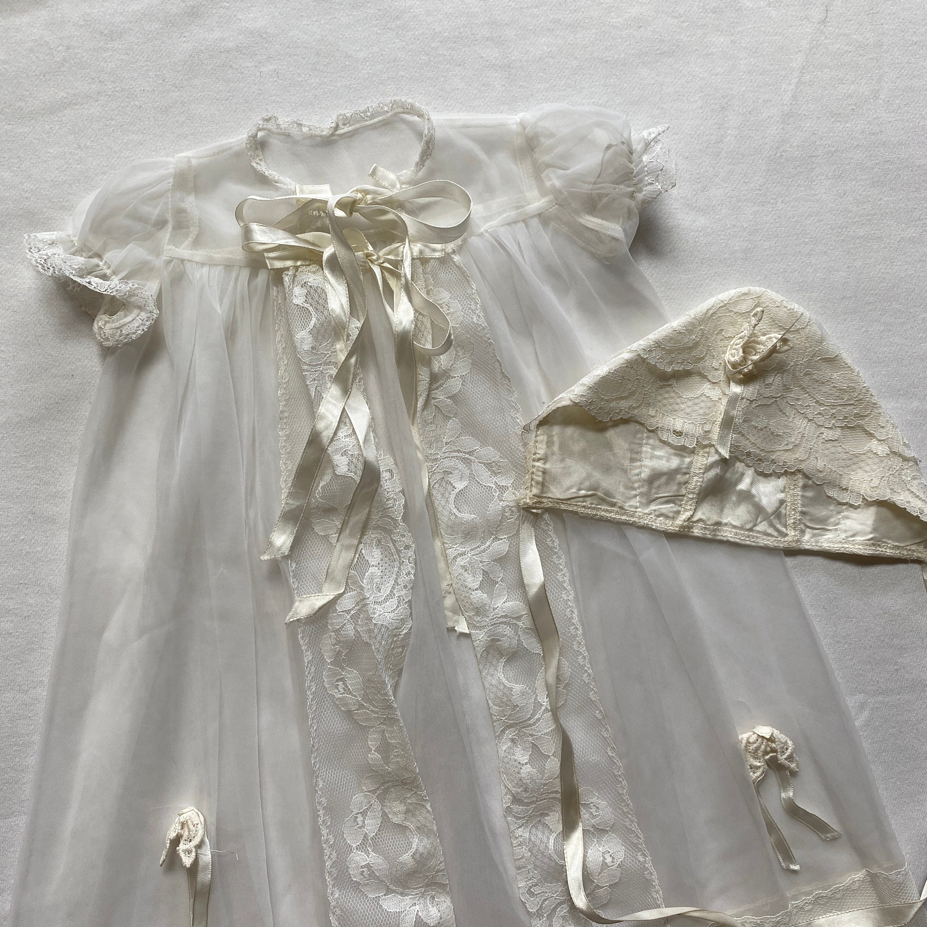 White Toddler Christening Dress with Lace Ruffle and Sheer Back — Puffy Long-Sleeve Baptism Gown