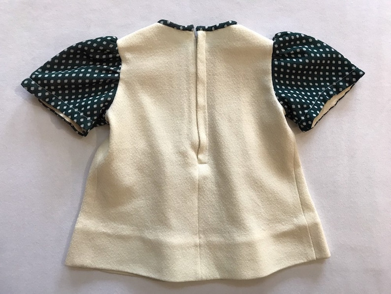 Vintage Handmade Dress for Baby Girls Toddlers Kids 70s 80s Retro Cute Shirt Top Creme Green Polka Dot