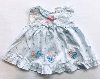 Vintage Summer Baby Dress Light Blue and Floral with Embroidered Applique Details New Baby Clothing 80s 90s Hearts Pink