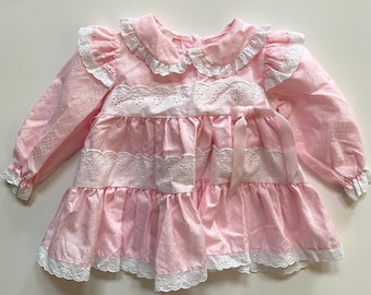 Vintage Baby Girl Dress Clothing Pink and White Eyelet Lace Gavette Size 12 Months
