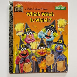 May include: A Sesame Street children's book titled "Which Witch Is Which?" featuring a group of colorful witches dressed in black costumes and pointy hats. The witches are holding brooms and trick-or-treat bags.