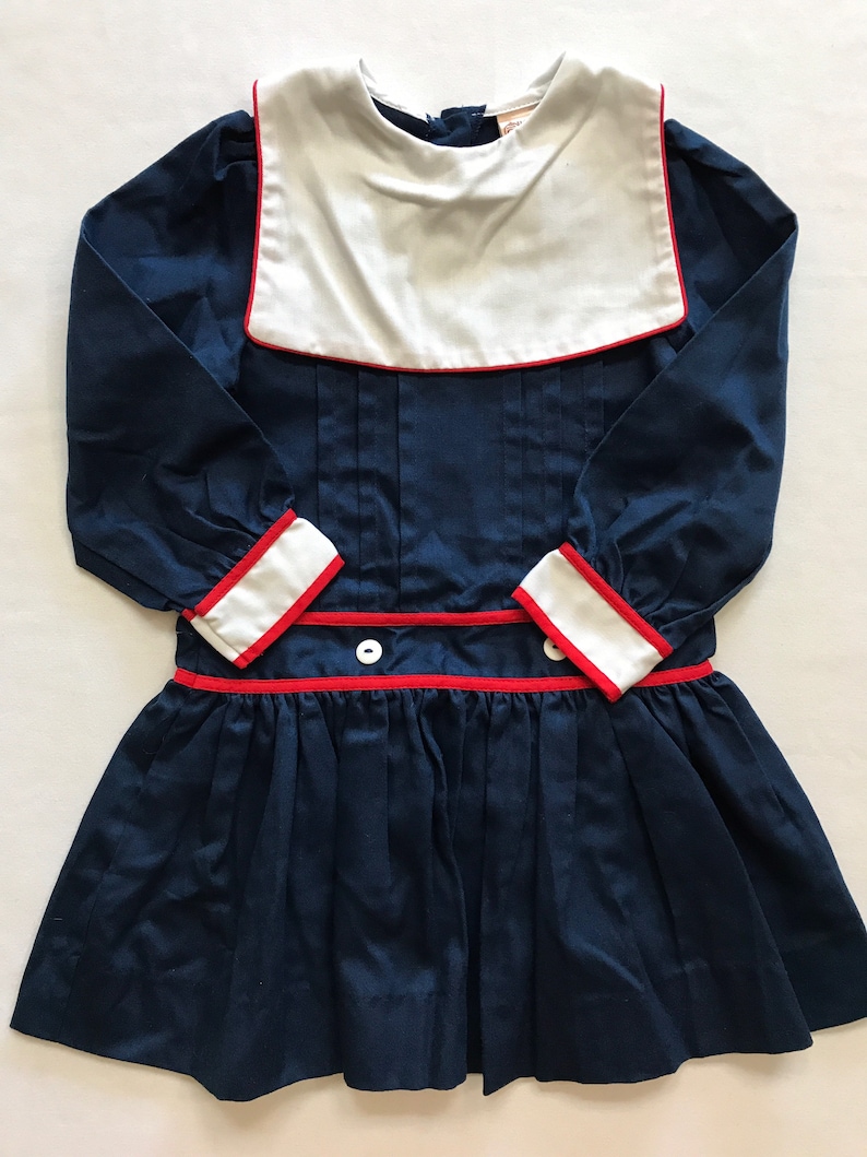 Vintage Girls Size 4T Sailor Style Dress Blue Red White USA America Made Cute Children Kids image 2