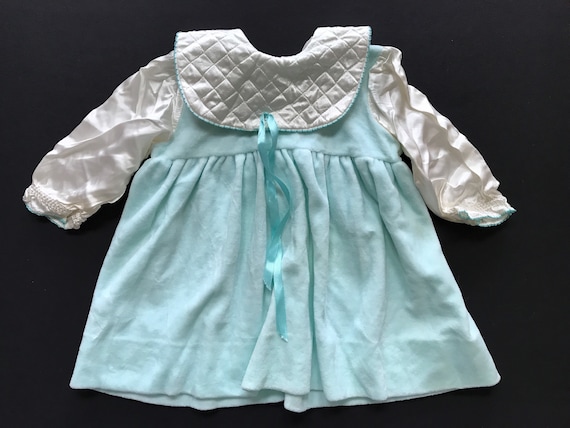 Baby Girls Blue Velour Satin Pretty Dress Vintage… - image 1