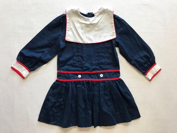 Vintage Girls Size 4T Sailor Style Dress Blue Red… - image 1